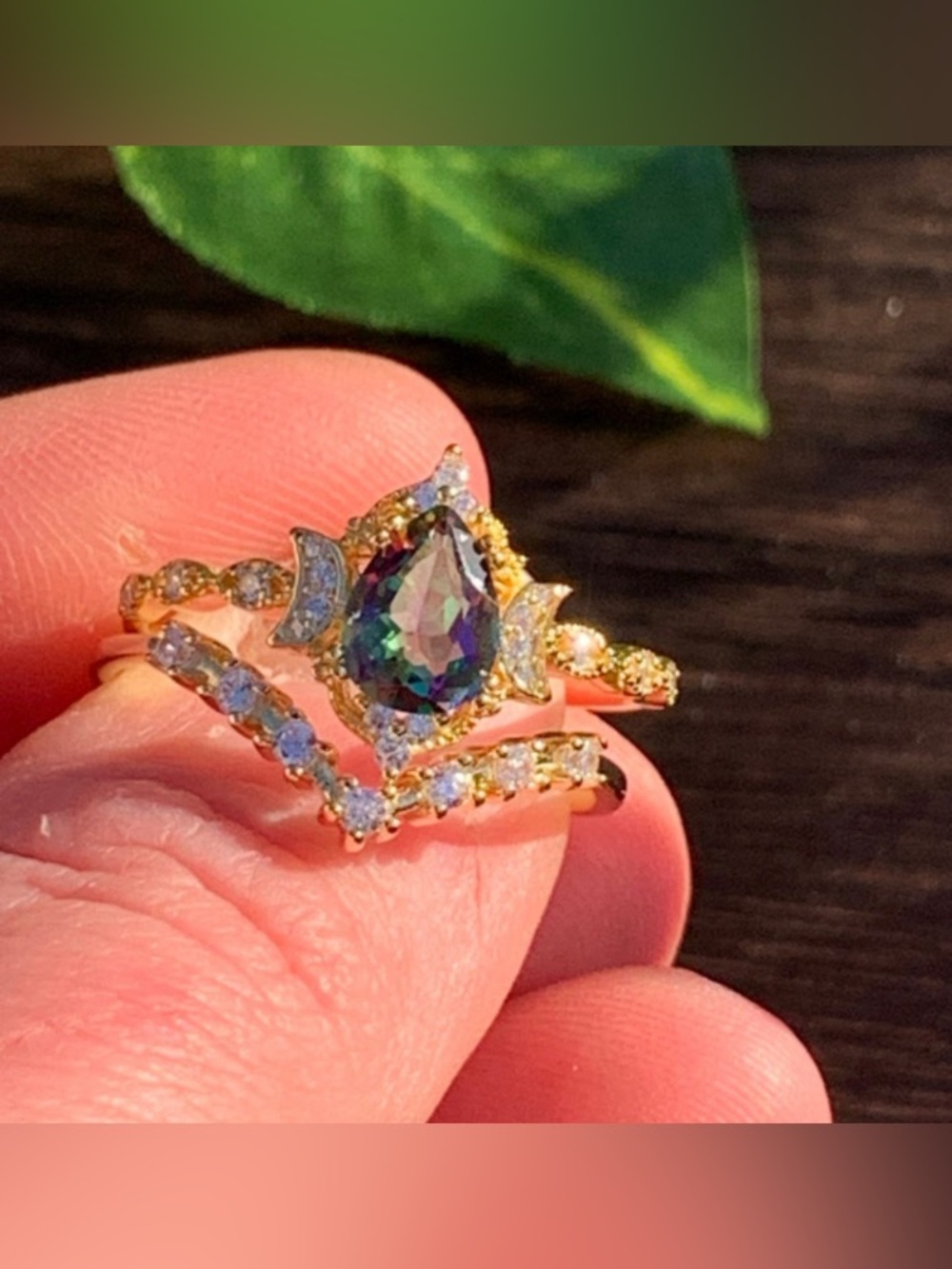 Silver Mystic Topaz Triple Moon Celestial Ring Set V Chevron Band